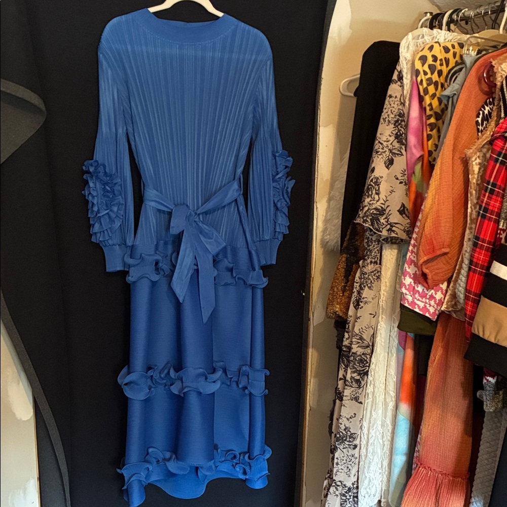 Blue Ruffle Detail Women's Midi Dress